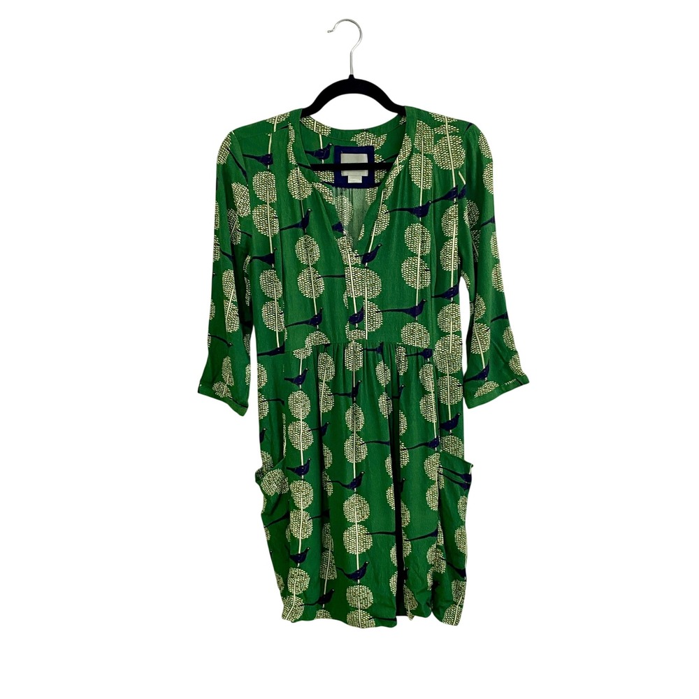 Maeve Anthropologie Green Bird Tree Print Ultra Mini Dress XS Pockets Novelty